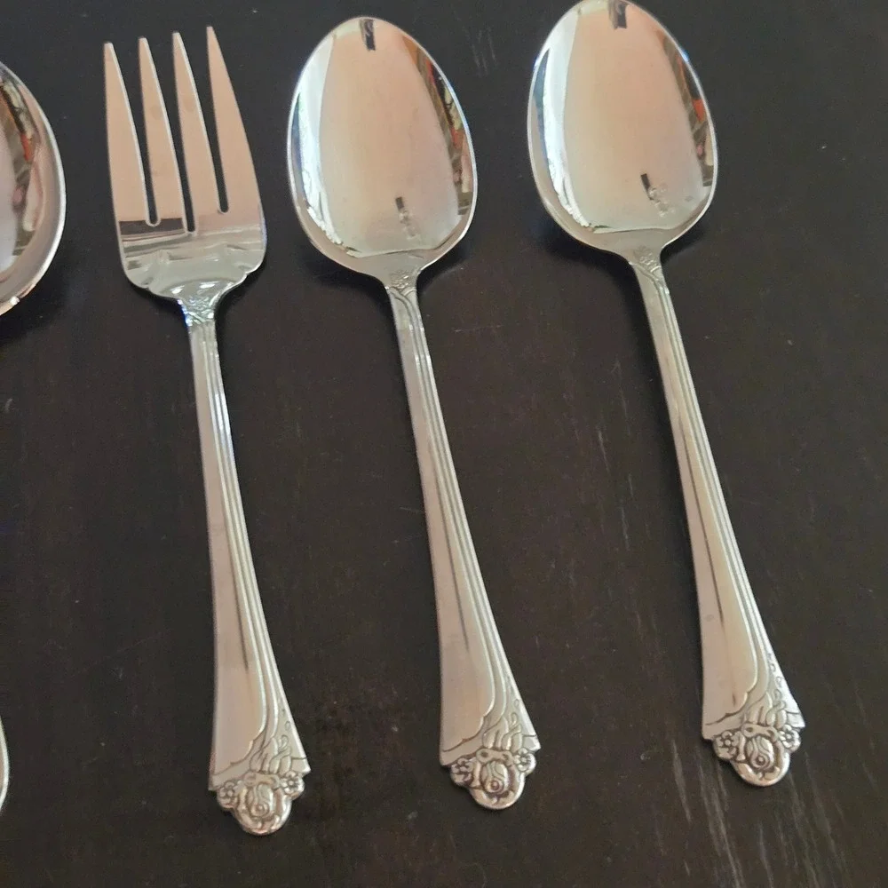 Oneida Community Fantasy Rose Serving Set 6pc Glossy Fork slotted Spoons Nice!